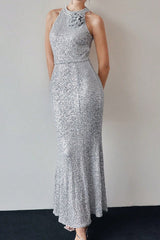 Halter Sequin Mermaid Maxi Dress