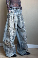 Needle Embroidered Wide Leg Jeans Blue / S