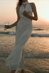 Satin V-Neck Halter Backless Maxi Party Dress