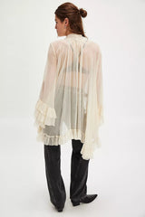 Sheer Flare Sleeve Tie Blouse