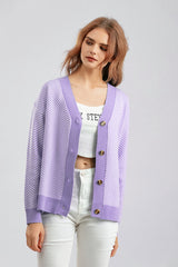 Striped V Neck Buttoned Knit Sweater