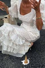 White Puff Sleeve Ruffled Bodycon Maxi Dress