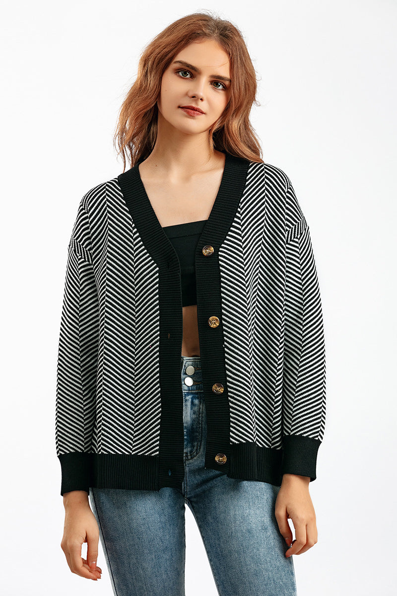 Striped V Neck Buttoned Knit Sweater