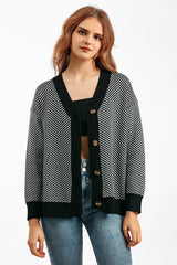 Striped V Neck Buttoned Knit Sweater