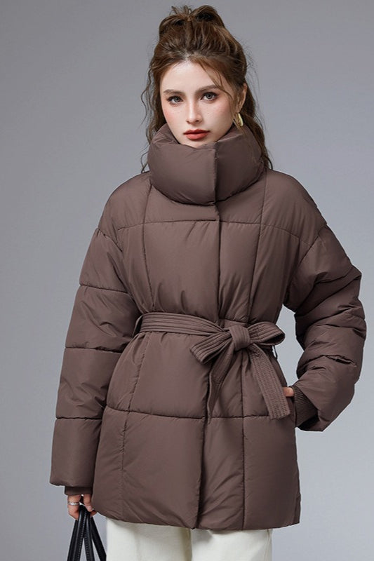 Warm Casual Cropped Cotton Puffer Jacket M / Brown