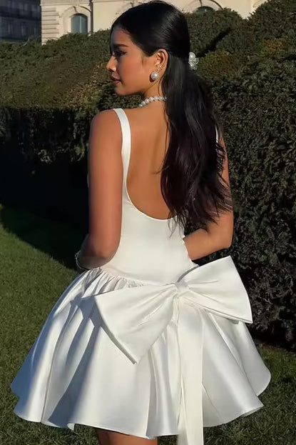 Bow Spaghetti Strap Party Cocktail Dress S / White