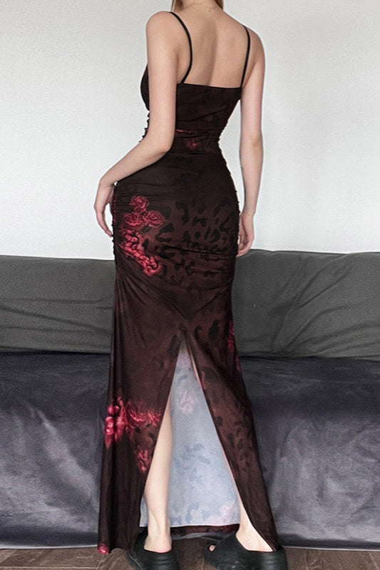 Halloween Retro Floral Print Split Bodycon Dress