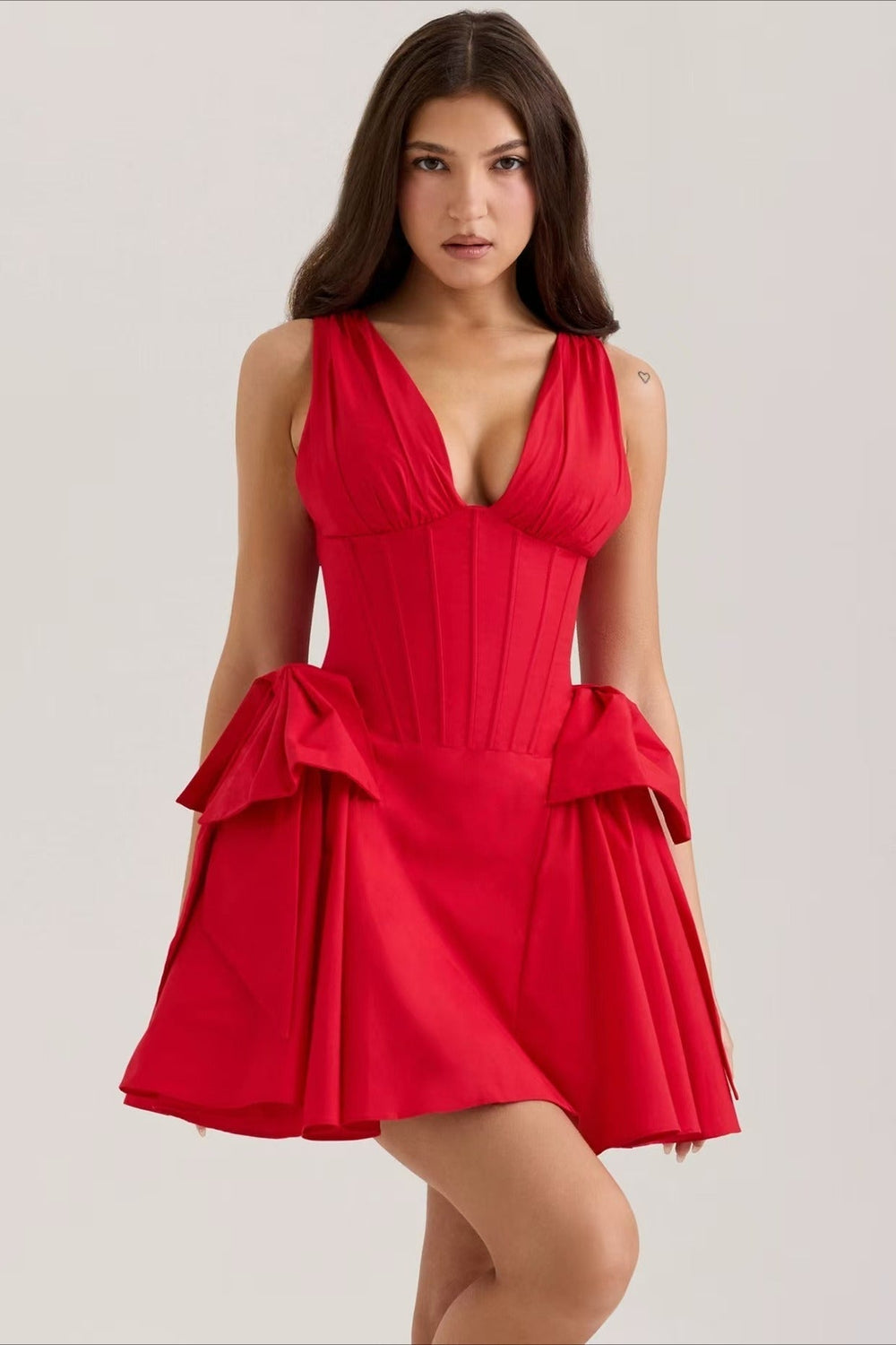 V-Neck Corset Puff Party Dress S / Red