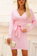 V-Neck Batwing Sleeve Sweater Dress S / Pink