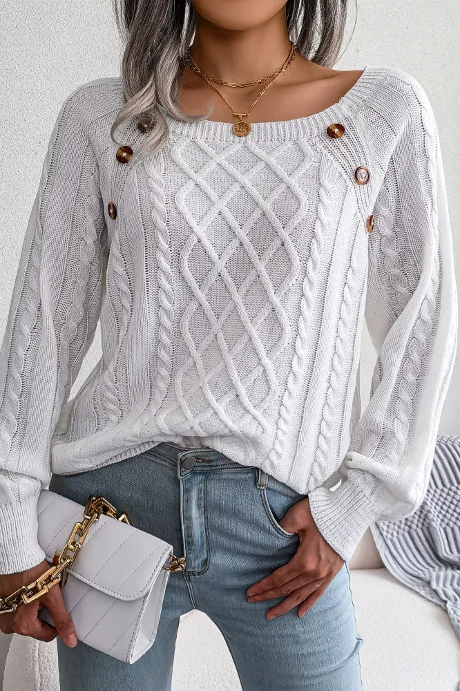 Button Detail Casual Pullover Sweater White / S