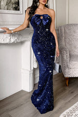 Strapless Bow Maxi Party Dress S / Blue