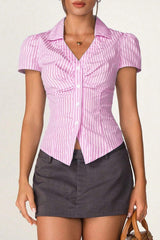 V Neck Striped Ruched Blouse
