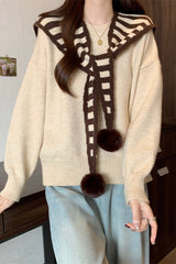 Striped Shawl Collar Pom Pom Solid Sweater