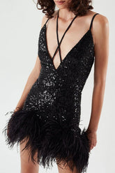 Glitter Panel Feather Trim Dress
