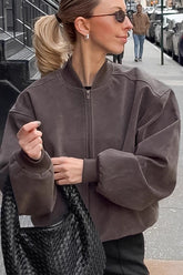 Suede Stand Collar Bomber Jacket Grey / S