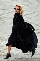 Long Notched Lapel Belted Rabbit Faux Fur Overcoat