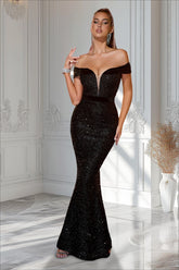 Sequin Off Shoulder Slit Formal Dress
