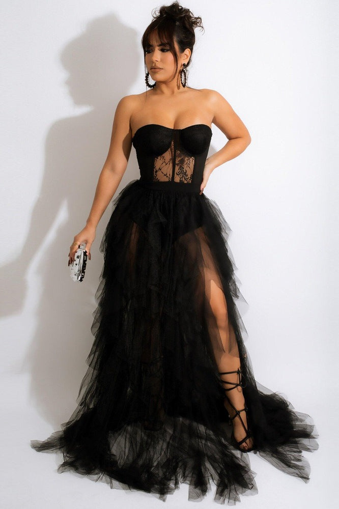 Sheer Lace Bustier Formal Dress S / Black