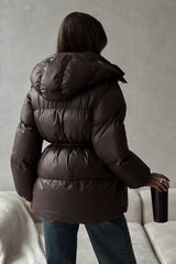 Adjustable Drawstring Hooded Puffer Jacket S / Brown