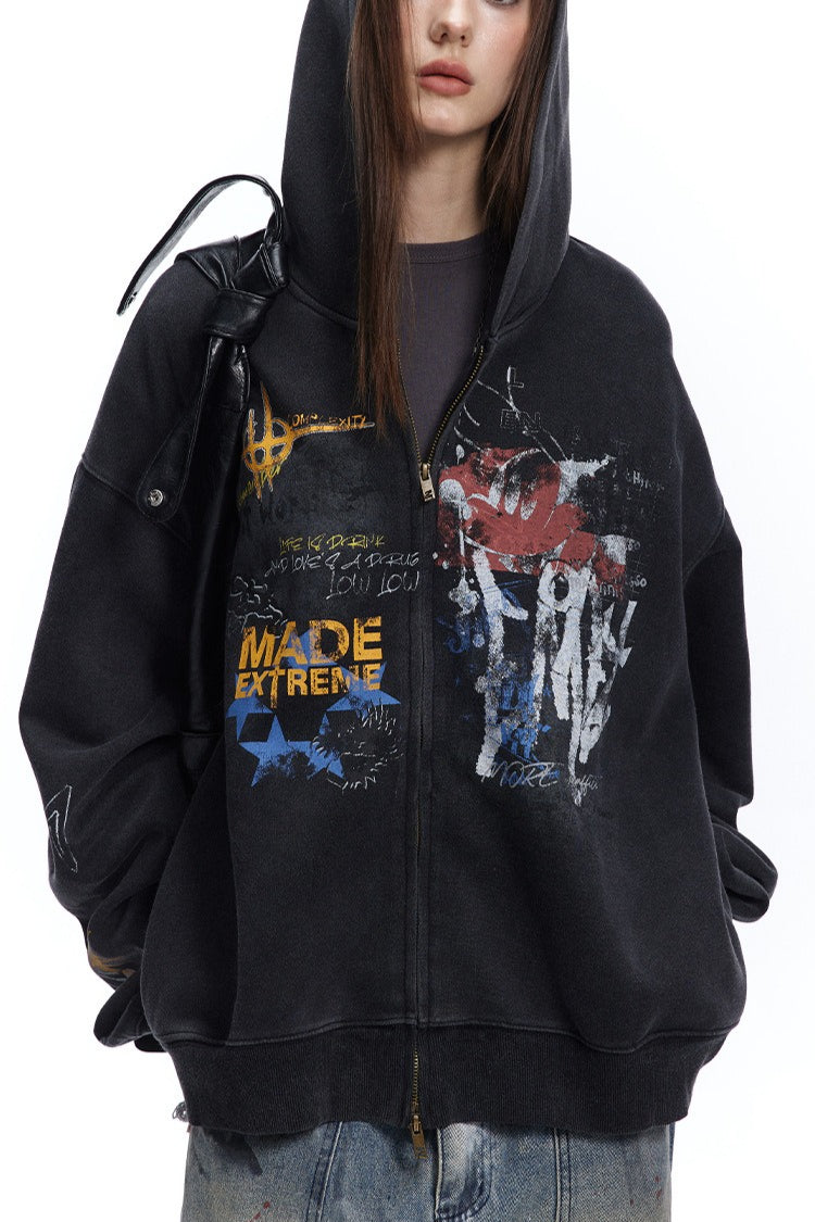 Street Style Graffiti Zip-Up Hoodie