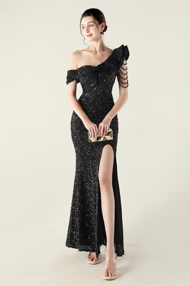 Draped One Shoulder Ruffle Formal Dress S / Black