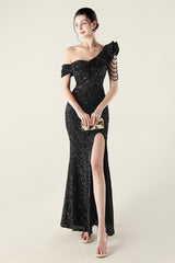 Draped One Shoulder Ruffle Formal Dress S / Black