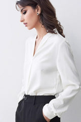 V Neck Satin Long Sleeve Blouse
