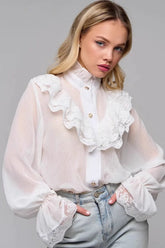 Lace Trim Stand Collar Chiffon Blouse