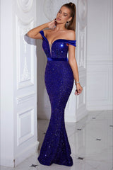 Sequin Off Shoulder Slit Formal Dress