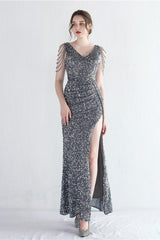Statement Bead Mermaid Gown Formal Dress S / Grey