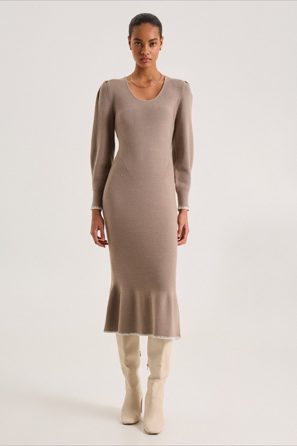 Contrast Trim Ruffle Sweater Dress