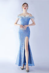 Velvet Sequin Ostrich Feather Off Shoulder Formal Dress