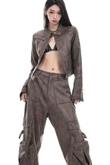 Cropped Tie-Dye Stand Collar Jacket