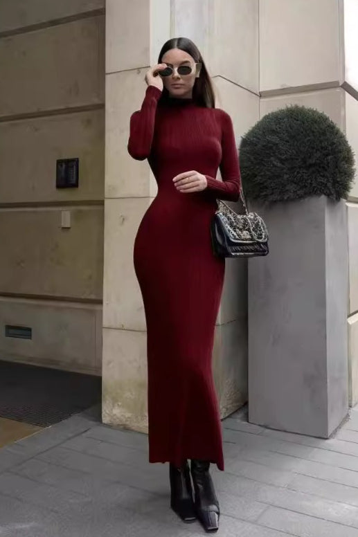 Elegant High Neck Striped Sweater Dress