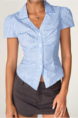 V Neck Striped Ruched Blouse
