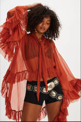 Sheer Flare Sleeve Tie Blouse