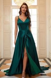 Satin Slit Maxi Formal Dress Green / S