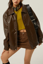 Retro Loose Fit Moto Jacket Brown / S
