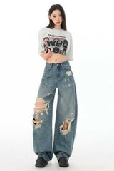 Retro Distressed Long Straight Leg Jeans