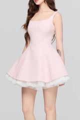 Square Neck Mesh Panel Mini Dress