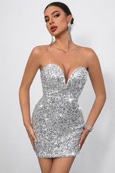 Deep V Strapless Sequin Mini Dress