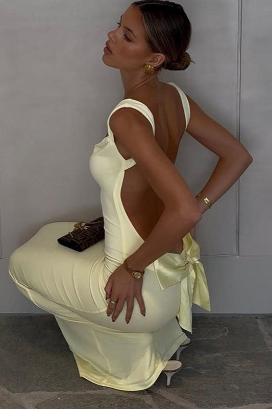 Bow Back Spaghetti Strap Formal Dress S / Yellow