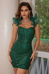 Elegant Sequin Evening Mini Party Dress XS / Green