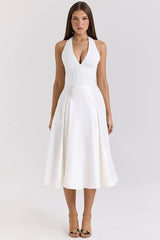 Elegant Deep V Halter Backless Maxi Party Dress