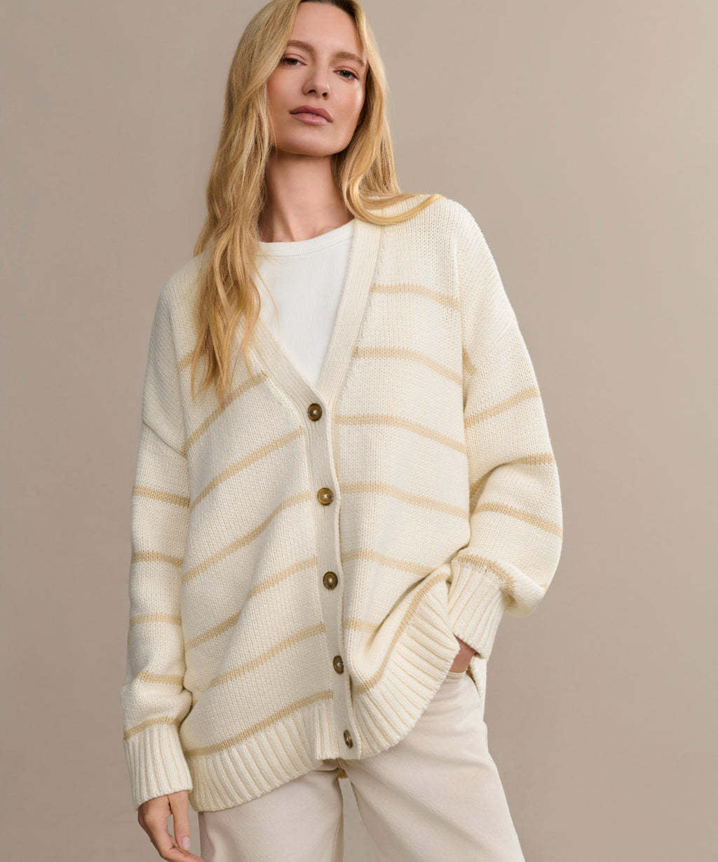 Striped V Neck Knit Cardigan Beige / S