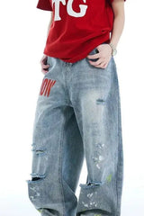 Washed Embroidered Loose Jeans Blue / S