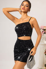 One Shoulder Sequin Backless Mini Dress