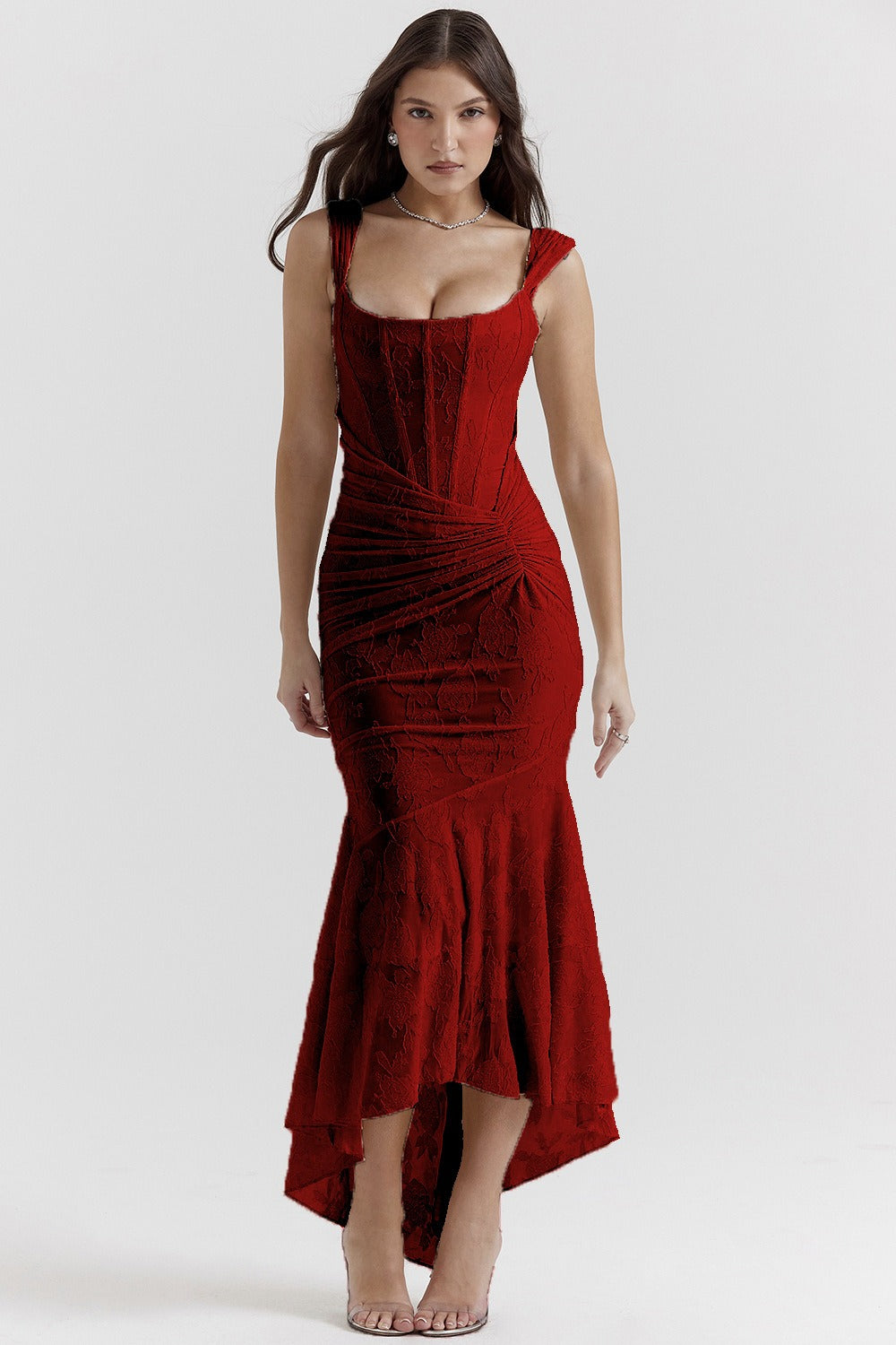 Stretch Mesh Jacquard Mermaid Formal Dress XS / Red