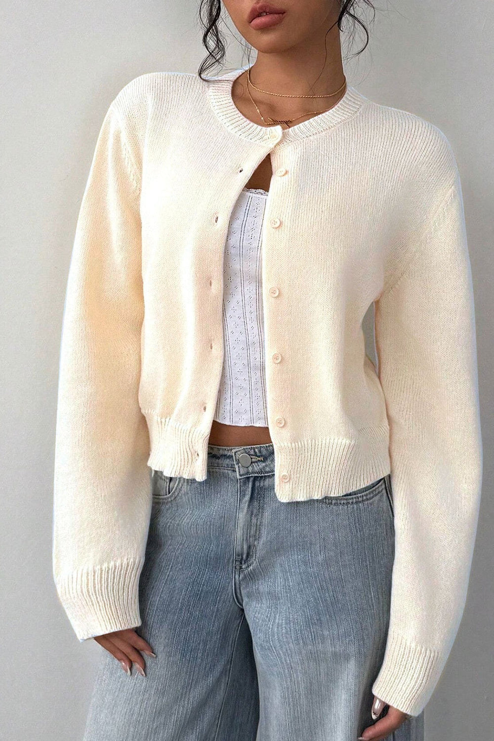 Lightweight Round Neck Button Cardigan