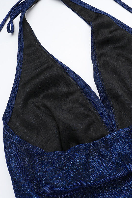 Shimmer V Neck Halter Slit Formal Dress